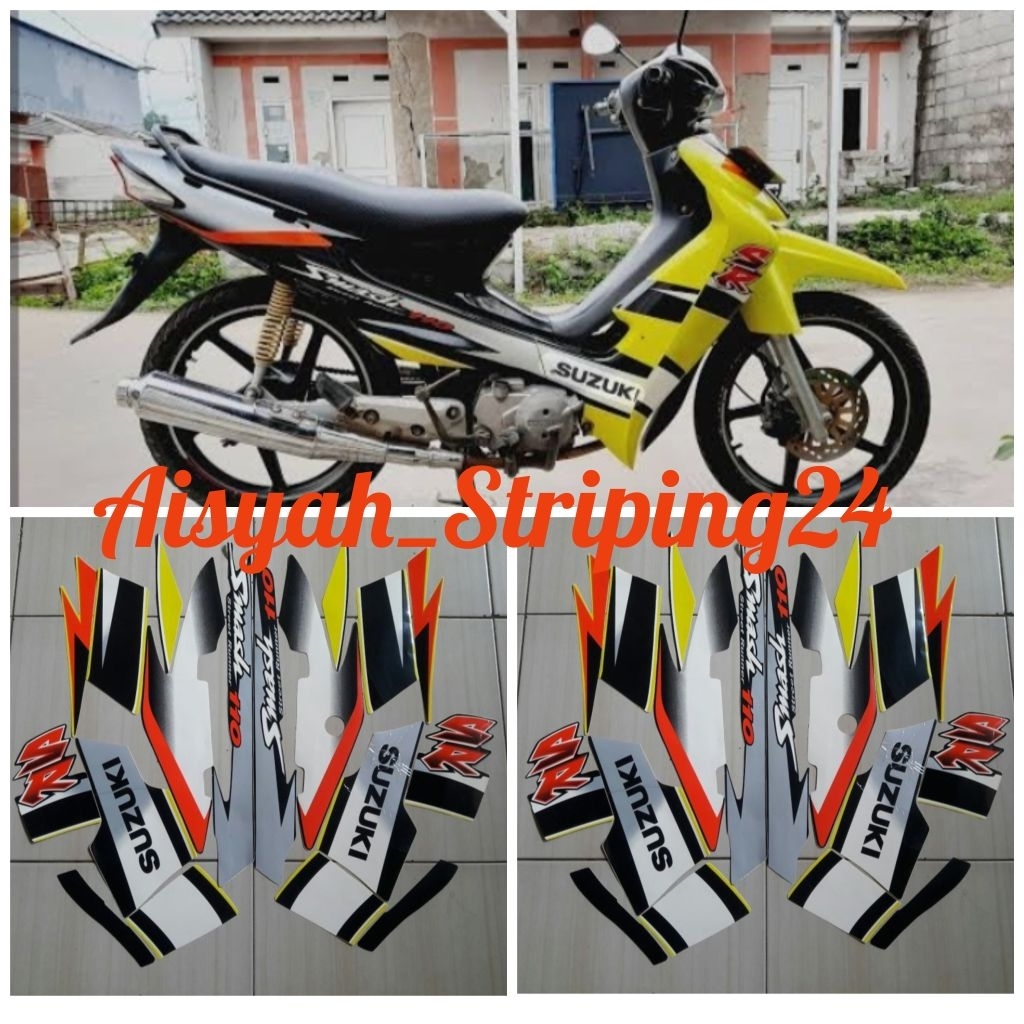 STIKER STRIPING LIS BODY MOTOR SUZUKI SMASH R 110 2005 HITAM KUNING