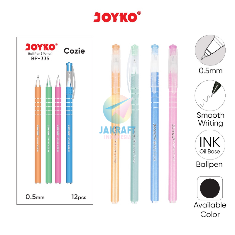 (12 Pcs) Pulpen Bolpen Ballpoint Pen JOYKO BP-335 COZIE Hitam Black Tebal 0.5 mm Murah Warna Warni