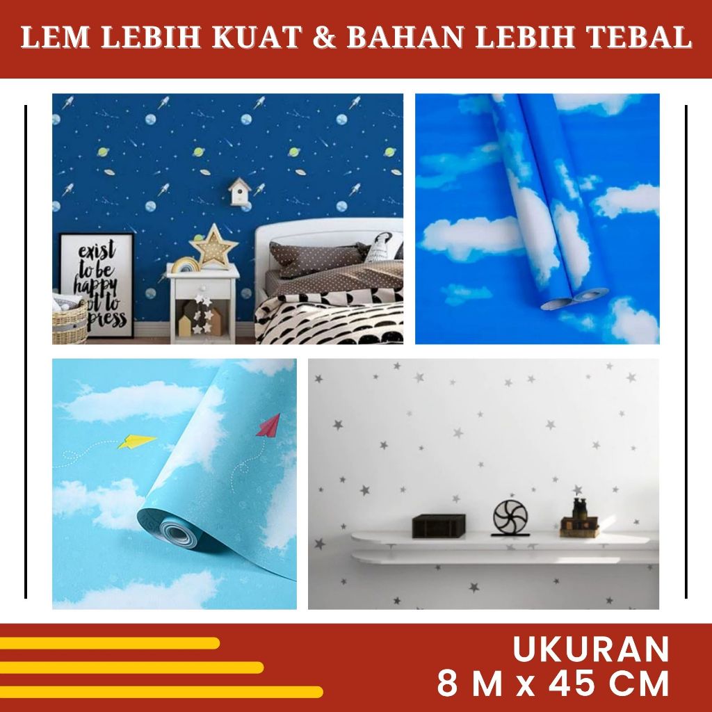 Wallpaper Sticker Plafon Motif Awan Biru Langit Bintang Wallsticker Ruang Tamu Aesthetic Anti Air
