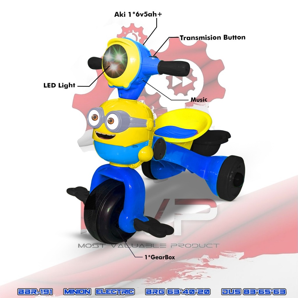 Sepeda Anak Roda Tiga Minion Tricycle Bike Mainan Motor Motoran Aki Minion Panda Doggy MVP
