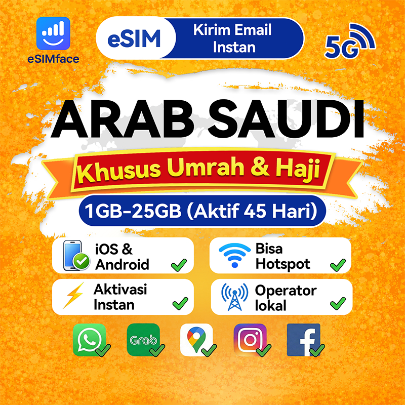 eSIM Arab Saudi 45 Hari Auto Kirim 24 Jam - Internet Data Umrah Haji Tanpa Fisik
