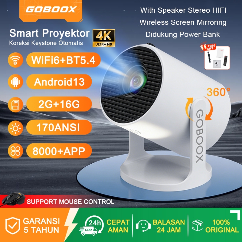 GOBOOX 2G+16G Proyektor Android 13.0 4K Full HD WiFi6 With Speaker HIFI Bluetooth 5.4 Type-C YouTube
