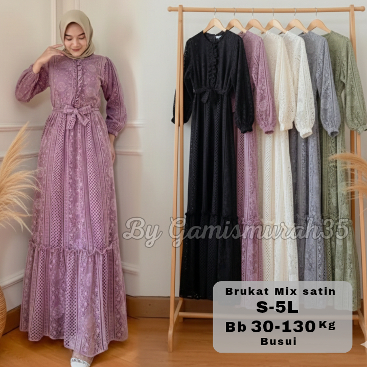 Zizara Dress - Ukuran S M L XL XXL 3XL 5L Gamis Dress Wanita Jumbo Brukat Satin Furing Busui Ld 140 
