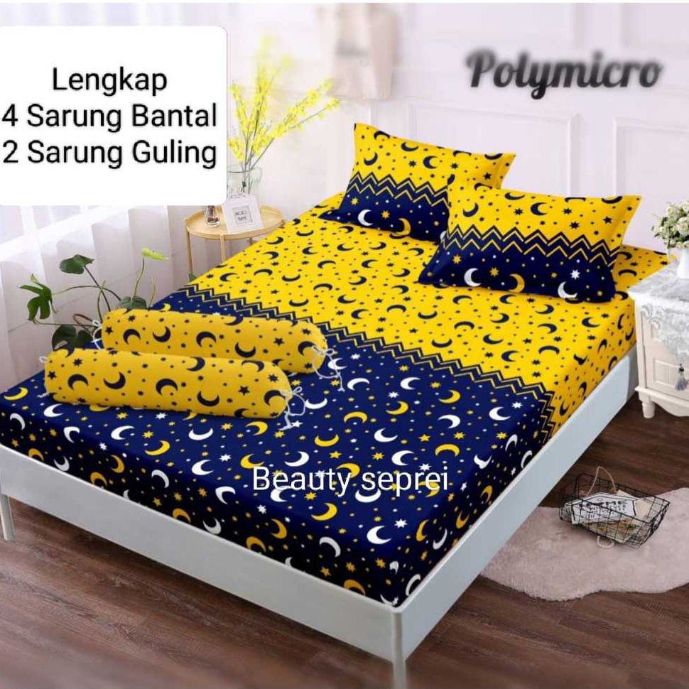 Seprei set BANTAL 4 GULING 2 ukuran 180x200 / 160x200 motif bulan bintang, bahan katun halus premium