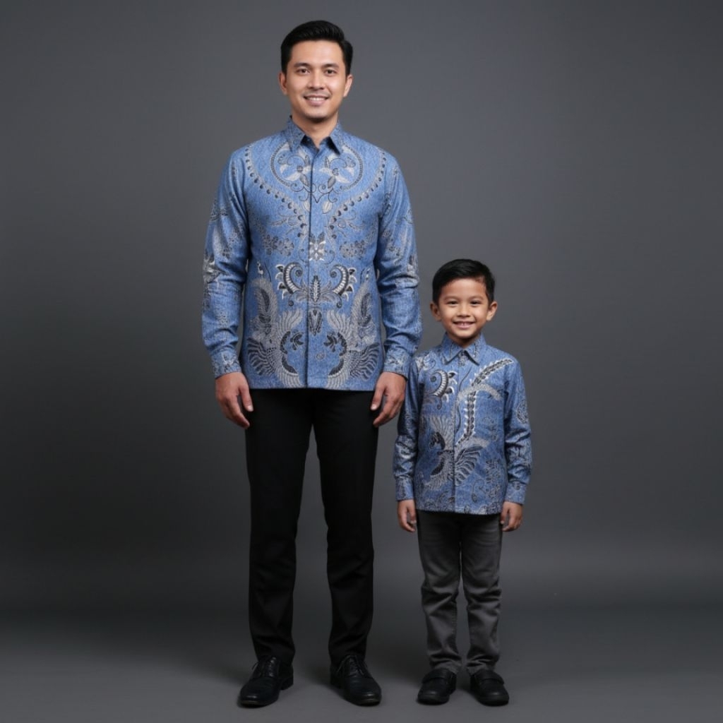 BATIK COUPLE SERAGAMAN BAPAK DAN ANAK KATTUN SOLO FURING ICE BLUE DENIM BIRU MUDA