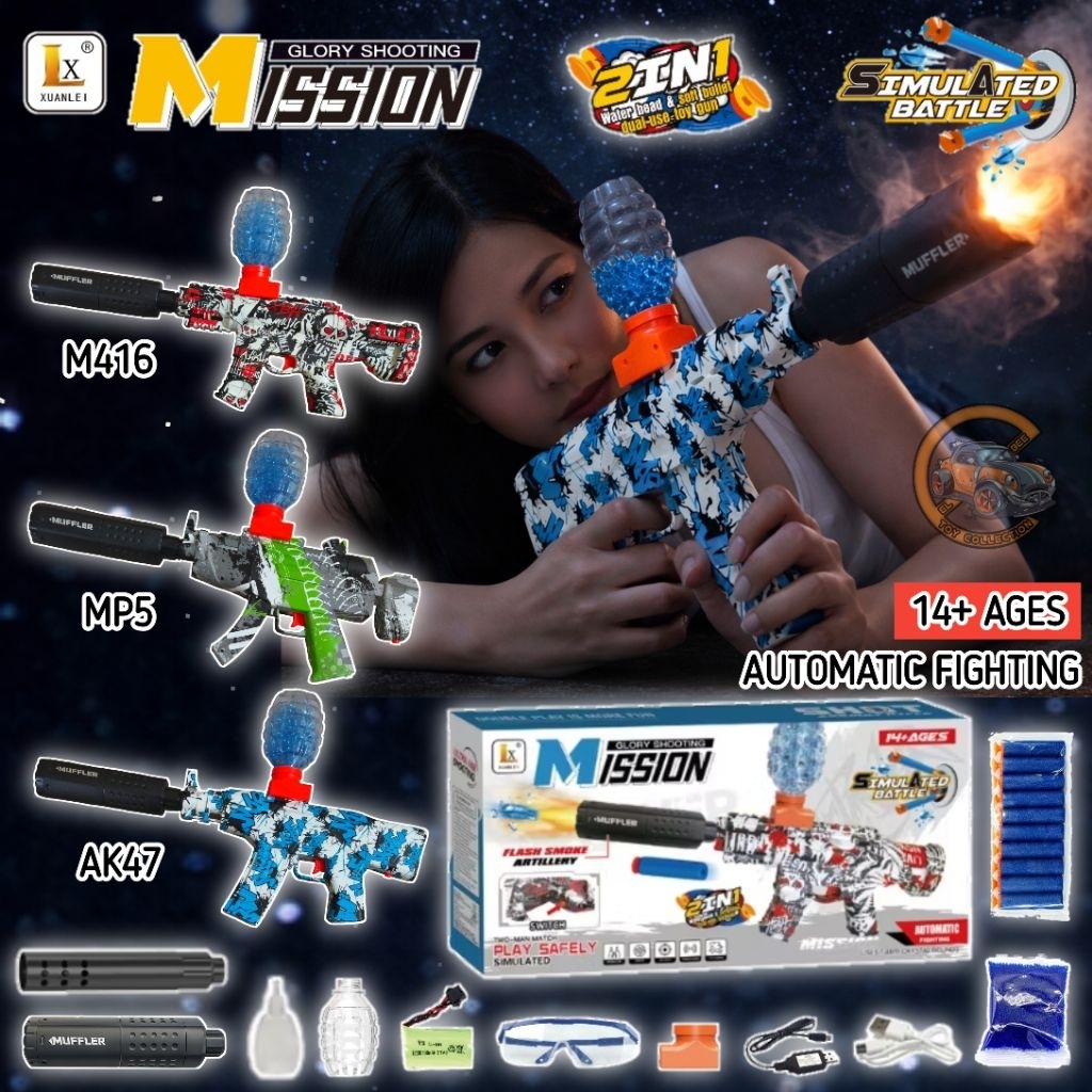 Mainan Anak Tembakan Water gel blaster 2 in 1 elektrik efek  Asap + LED model m416,MP5,AK47