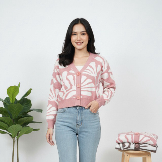 KYRA Cardigan Rajut Floria Abstract – Cardigan Rajut Motif Bunga Besar | Outer Korea Aesthetic