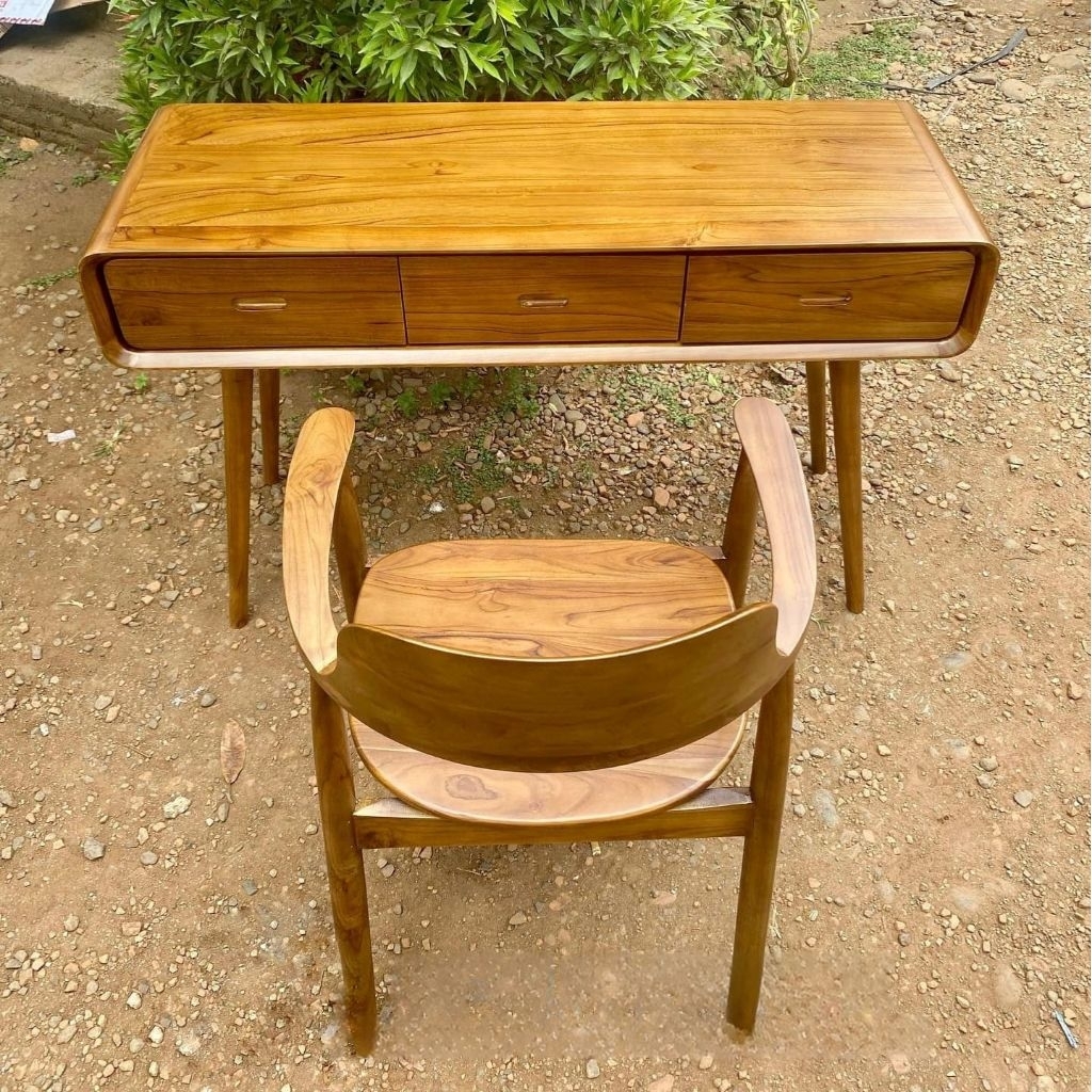 set meja belajar minimalis modern kayu jati