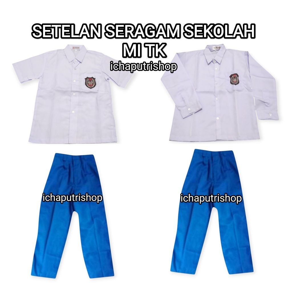 setelan seragam sekolah Mi/TK baju putih pendek/panjang & celana biru Benhur panjang karet pinggang 