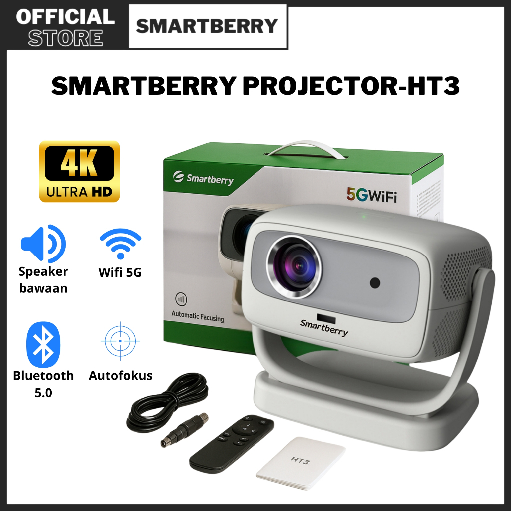 Smartberry HT3 Proyektor WiFi Portable – Layar Jumbo 200”, HDMI, Cocok untuk Nonton, Gaming & Presen