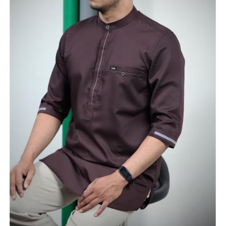 Baju Koko Kurta Polos Lengan 3/4 Pria Warna Mahogany