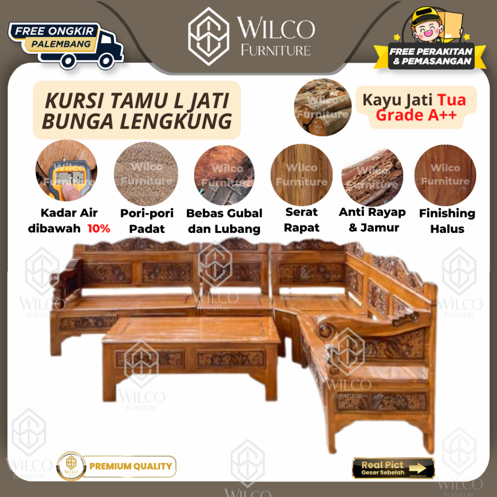 Kursi Tamu L Sudut Jati Bunga Lengkung Minimalis Ukir Clasik / Sofa L Jati Minimalis Ukir Jepara /So