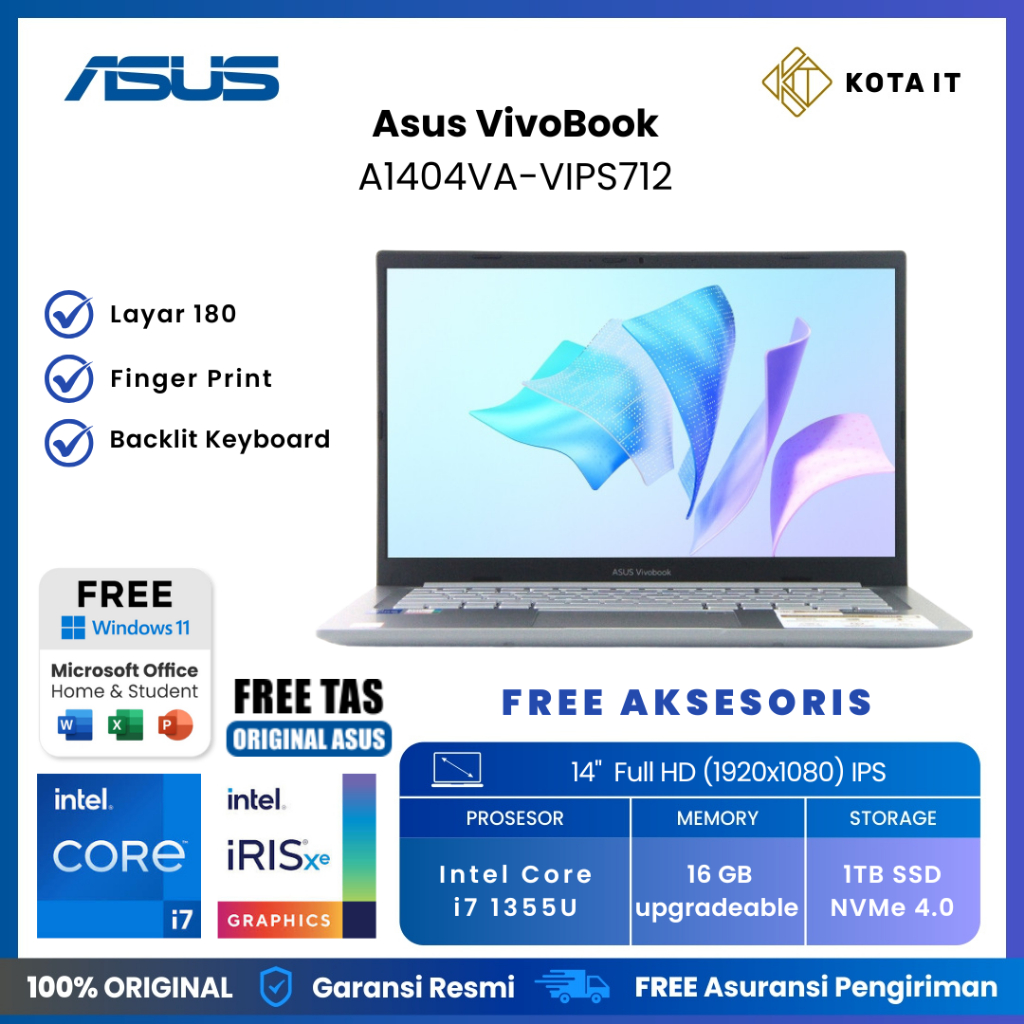 RESMI LAPTOP Asus VivoBook A1404VA-VIPS712M with Intel i7 Gen 13 and 16GB RAM and 1TB SSD