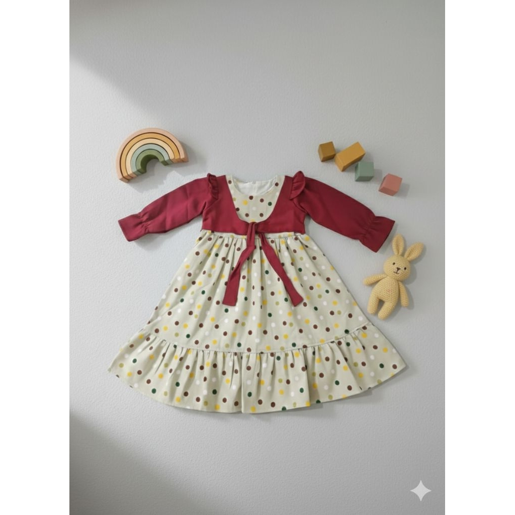 dress Nikita untuk anak perempuan motif polkadot dengan rompi yang cantik
