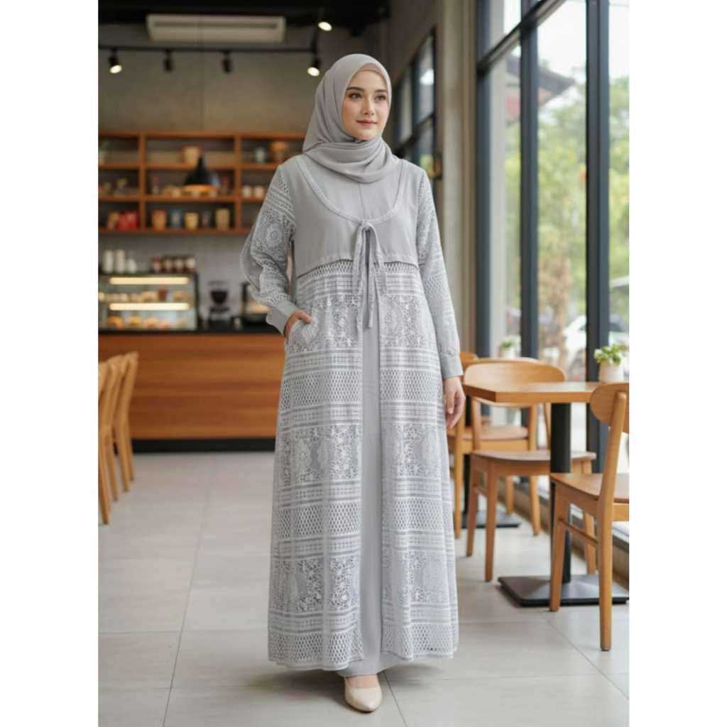 Gamis Wanita Brokat Sabrina Anti UV Tangan Kancing Resleting Depan Ukuran Jumbo Abu Denim Rosetaupe
