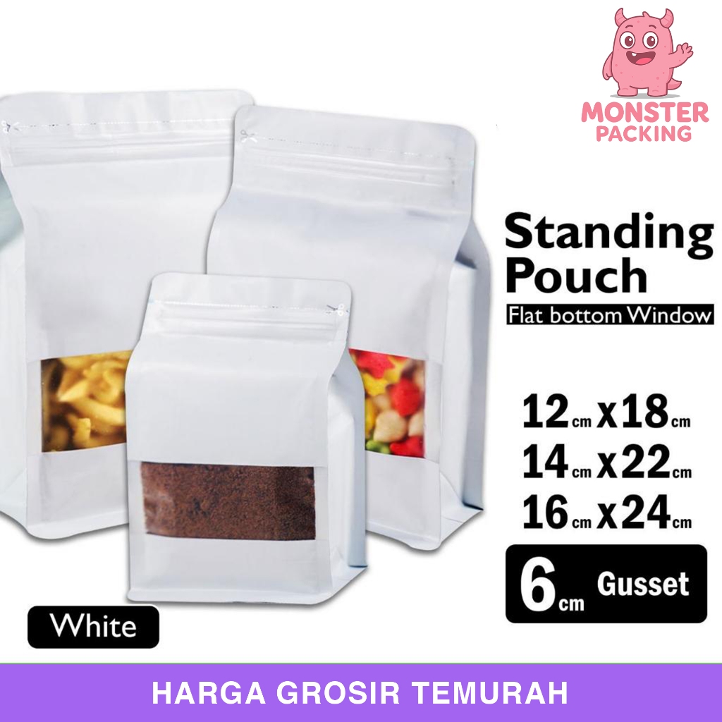 FLAT BOTTOM WINDOW Putih ALU FOIL standing Pouch Delkochoice Premium