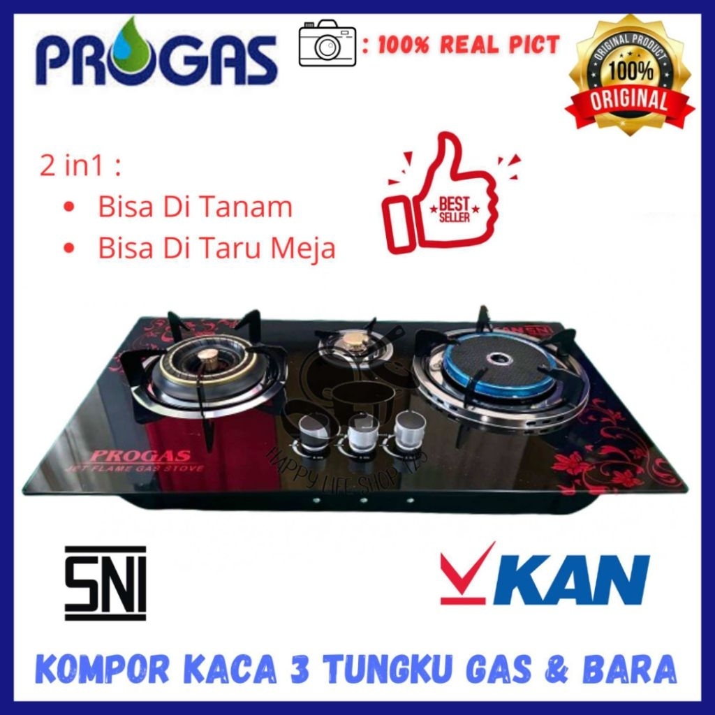 Kompor gas tanam kaca Progas 3 Tungku / 2 tungku api biasa 1 tungku api bara