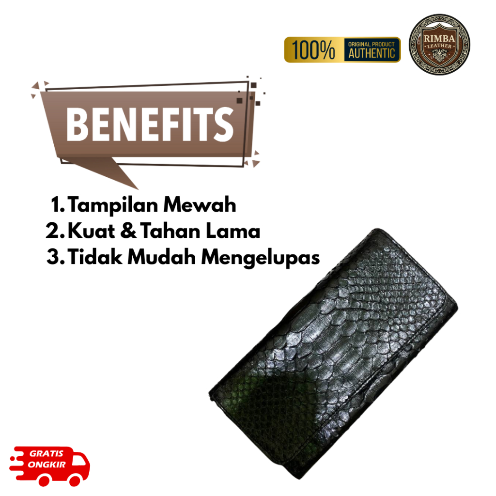 RIMBA Dompet panjang dompet wanita tutup maghnet kulit ular asli