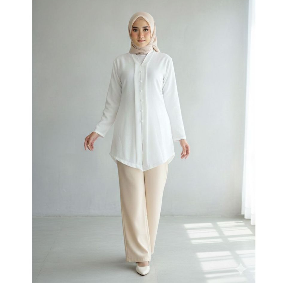Tunik Wanita Putih Lengan Panjang Atasan Kebaya Muslimah Modern Elegan Baju Lebaran Kekinian Polos C
