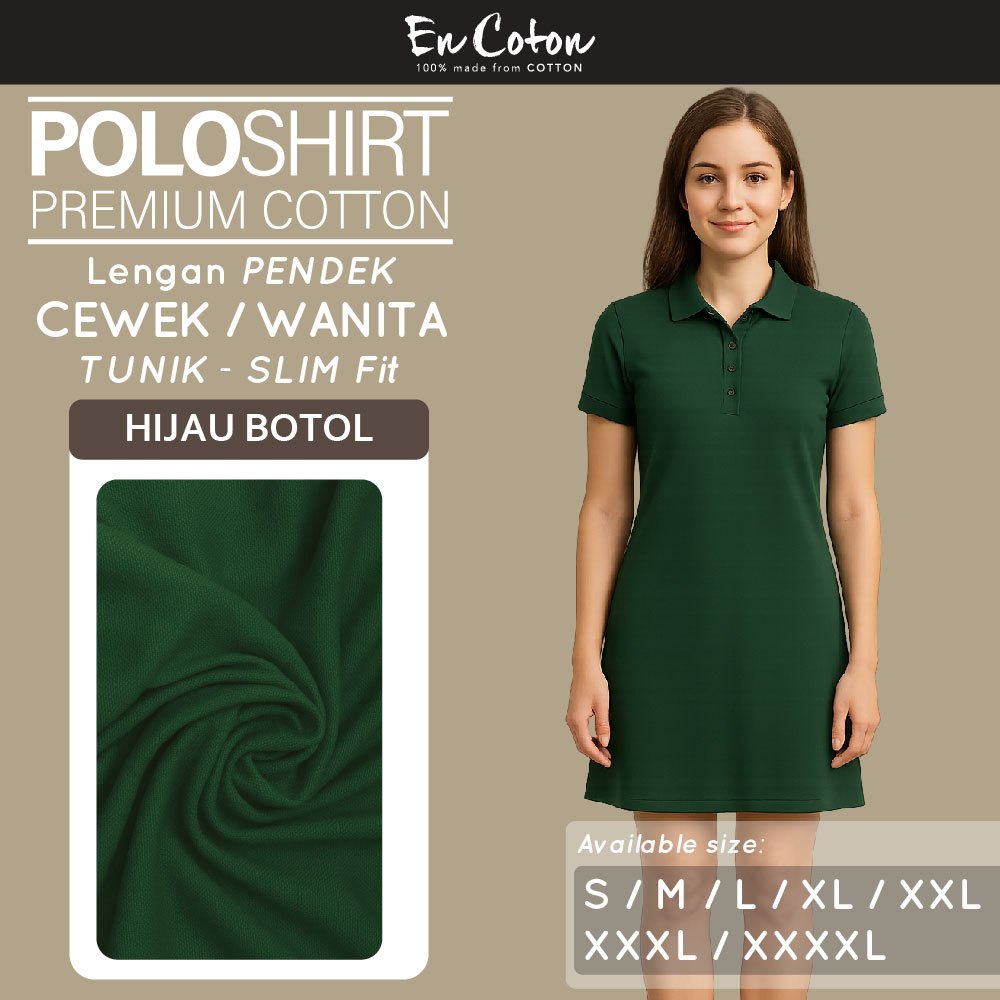 ENCOTON Kaos Kerah Polo Dress Tunik Terusan Wanita Cewek HIJAU BOTOL Tangan Lengan Pendek
