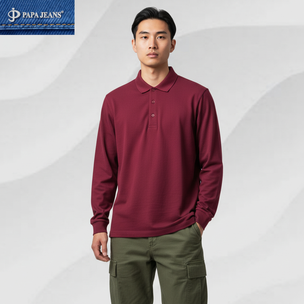 Papa Jeans Kaos Kerah Polo Shirt Lengan Panjang Magenta