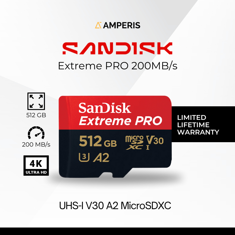 SANDISK Extreme PRO MicroSDXC 512GB 200MB/s UHS-1 C10 U3 V30 A2 4K for Drone Camera CCTV Smartphone