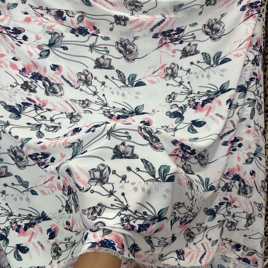 Kain Zara Crepe Motif Bunga Putih - Bahan Zara Premium Lembut & Jatuh - Meteran Bahan Gamis, Dress, 