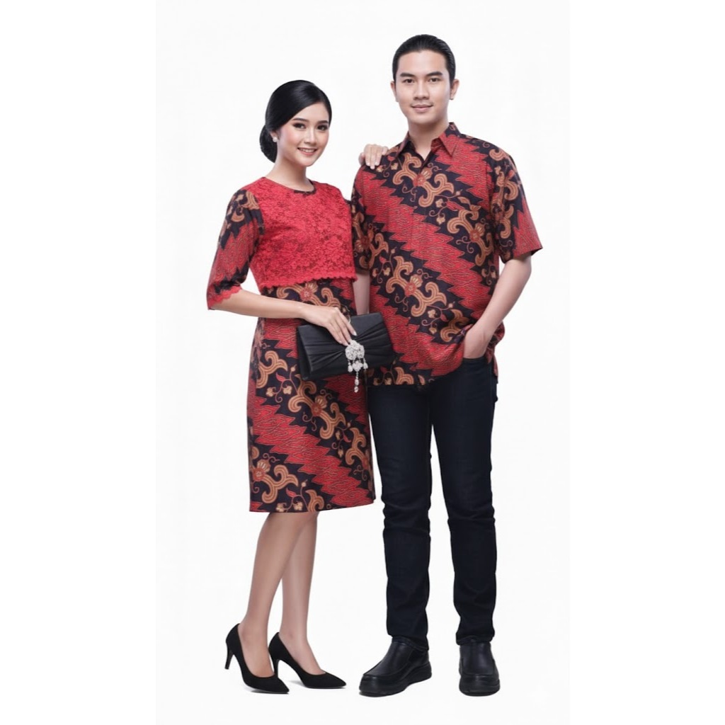 Baju Batik Couple Kondangan Modern - Setelan Batik Pasangan Merah - Dress Brokat & Kemeja Pria Lenga