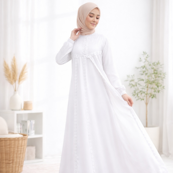 Gamis Renda Wanita Premium Gamis Putih Umroh Mewah Seragaman Elegan Dress Muslimah Busui Frendly