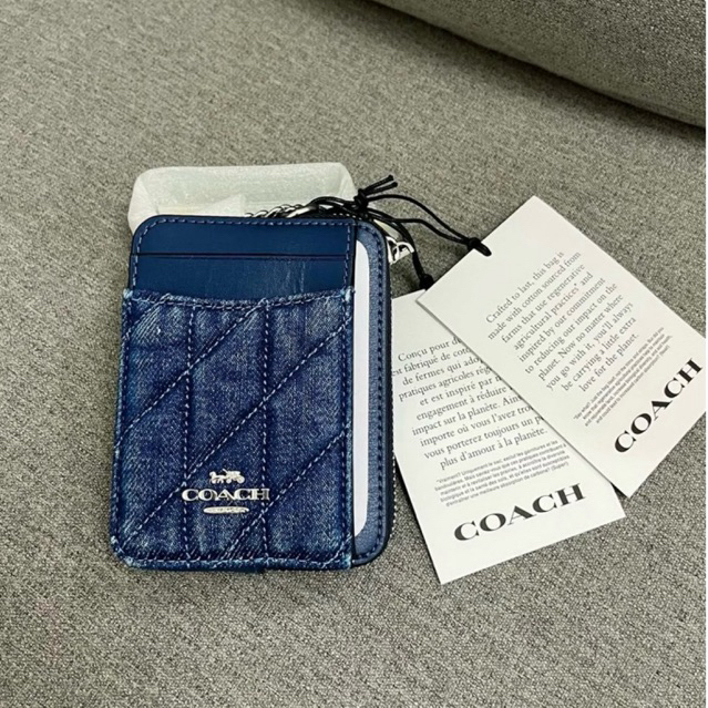DOMPET KARTU CARDCASE C0C C04CH CAR26 QUILTED ZIP CARD CASE BLUE DENIN LEATHER ID WALLET CHAIN STRAP