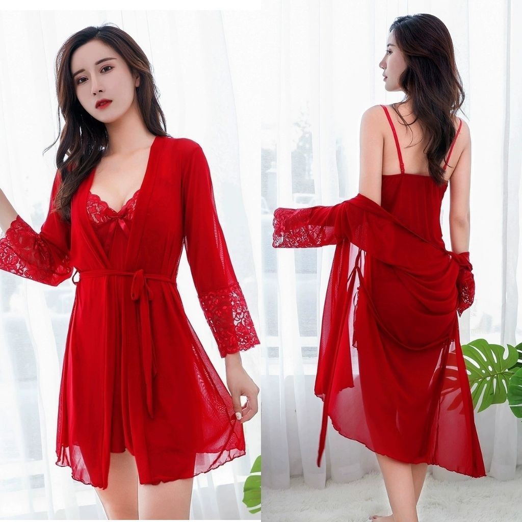 [SDW] pekanbaru/Lingerie Set Kimono Dress Big Size Baju Tidur Wanita 4in1 Bunga Brukat Elegan 831
