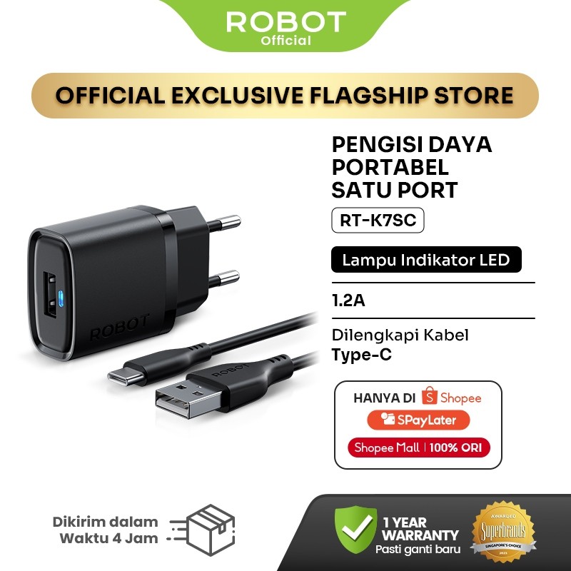 ROBOT Adaptor Kepala Charger Type C Universal 5W 1.2A dengan Kabel Type C Lampu LED RT-K7SC Original – Garansi 1 Tahun