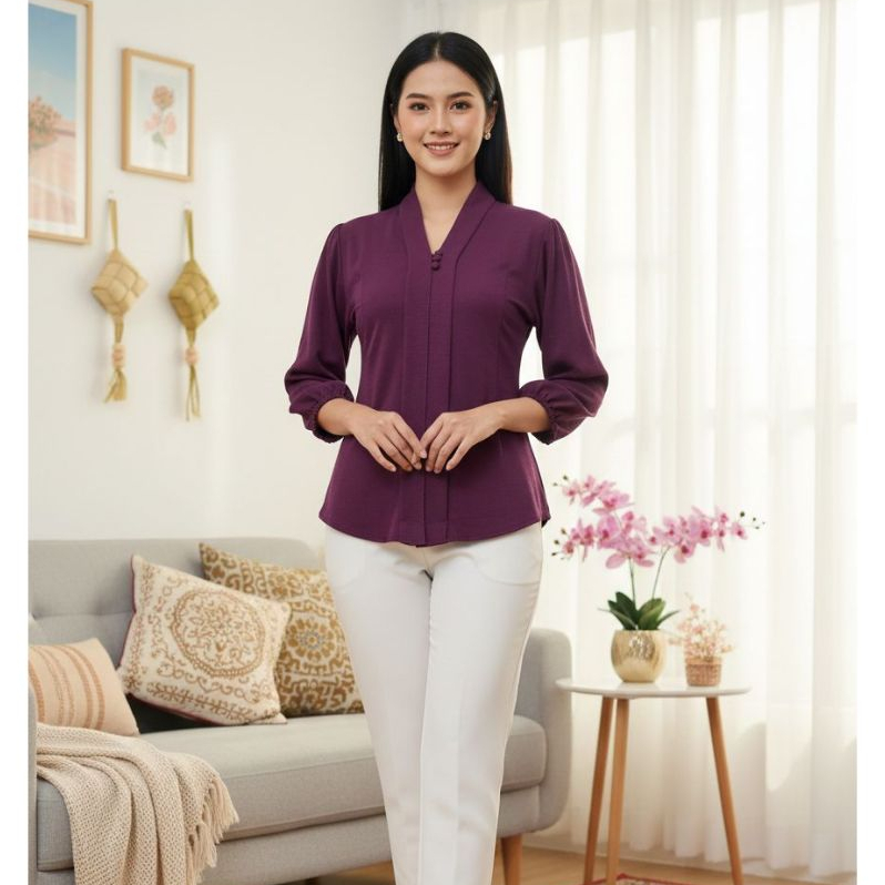 Blus Wanita Lengan 7/8 Banyak Warna Full kancing Atasan Kebaya Kartini Bali Polos Lengan Panjang Bah