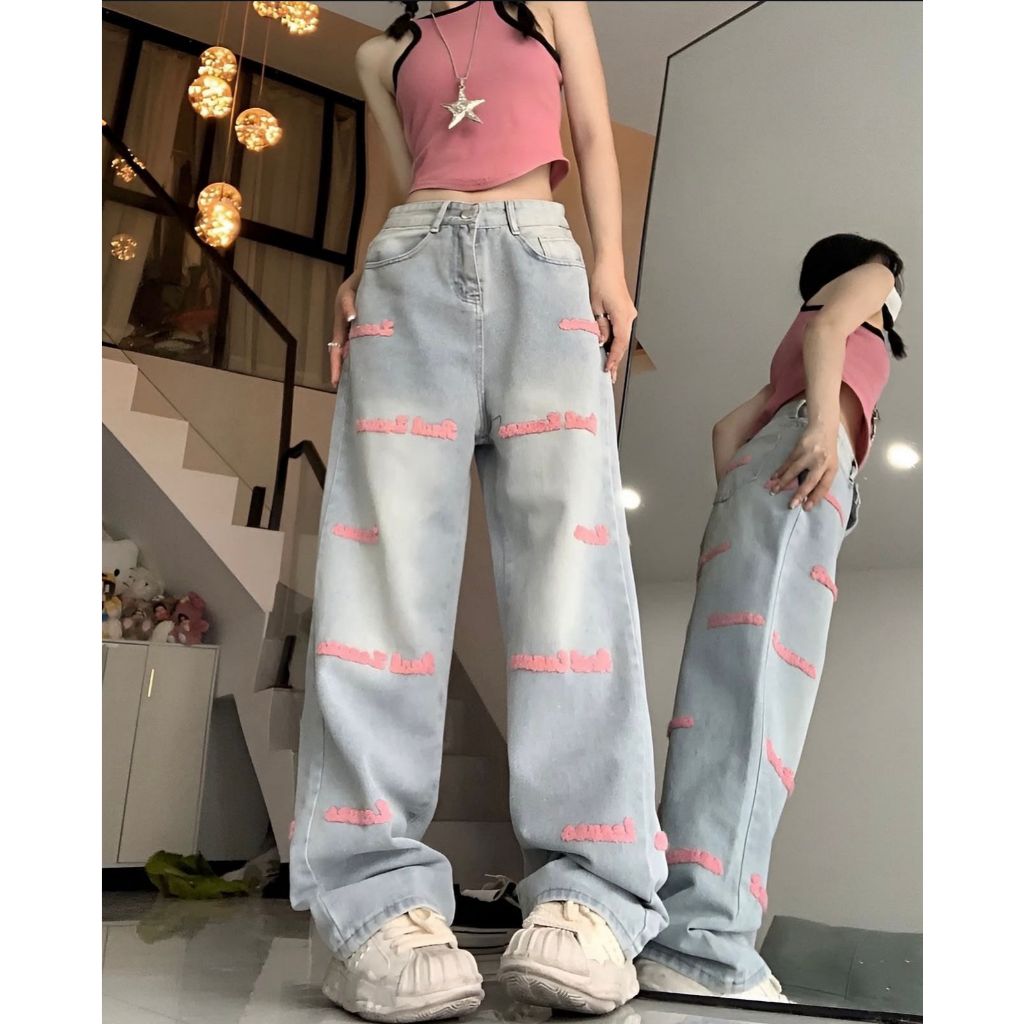 [READY] Pink Emboss Jeans | MILKTEAS | Celana Jeans Biru Baggy Emboss Pink Bulu