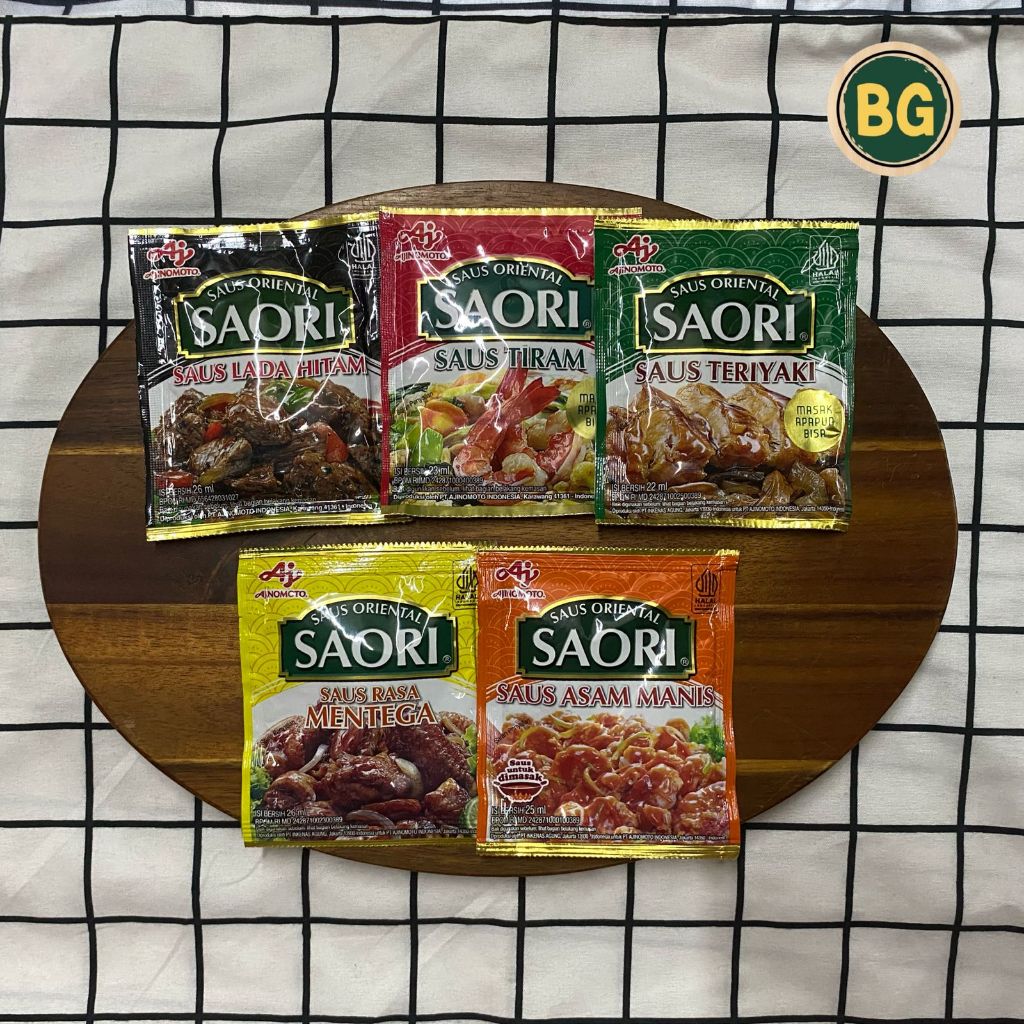 Saori saos sachet, Saori saus tiram, teriyaki, lada hitam, mentega, asam mani