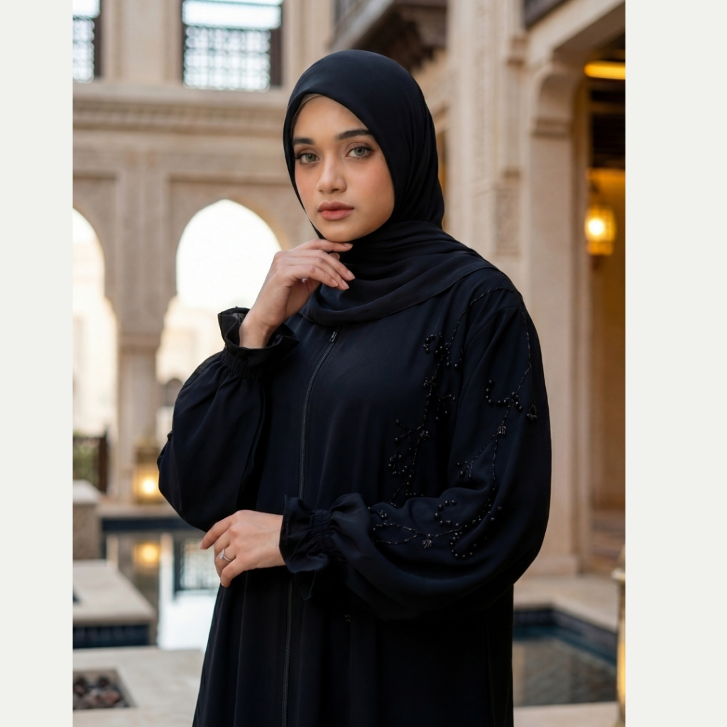 Gamis Abaya Arab Hitam Turkey Syari Kwalitas Boutique Resleting Depan ( busui)