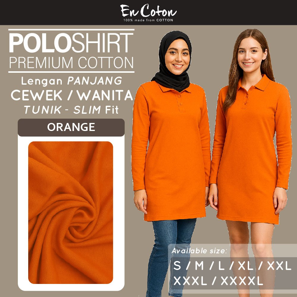 ENCOTON Kaos Kerah polo Dress Tunik Terusan Wanita Cewek ORANGE Tangan Lengan Panjang