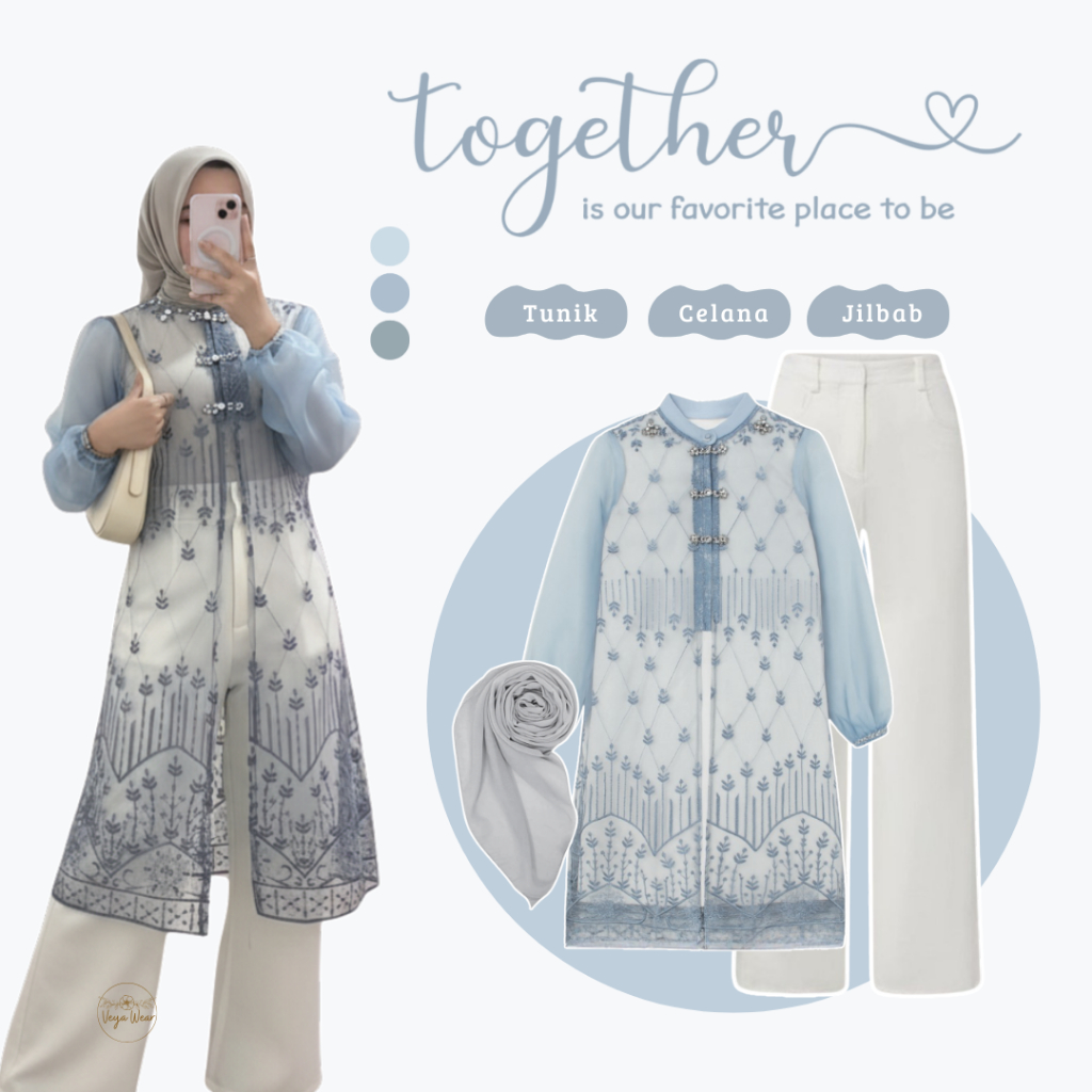 One Set Lebaran | Tunik Brukat + Celana Kulot + Jilbab Bella Square | Setelan Cewek Outfit Kekinian 