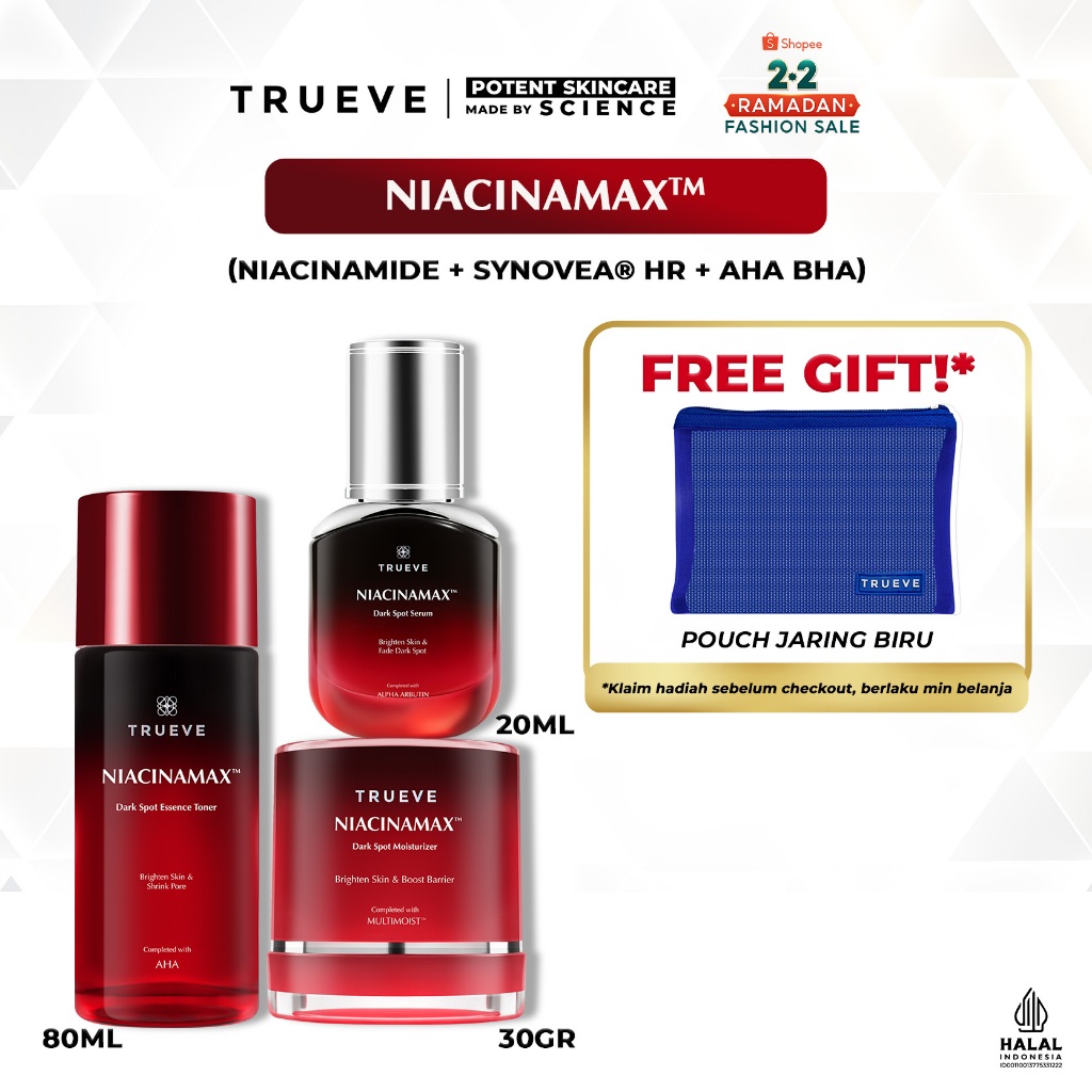 [PAKET 3 PCS] TRUEVE Niacinamax™ Dark Spot Serum , Moisturizer , Toner (Niacinamide, Synovea, AHA, B