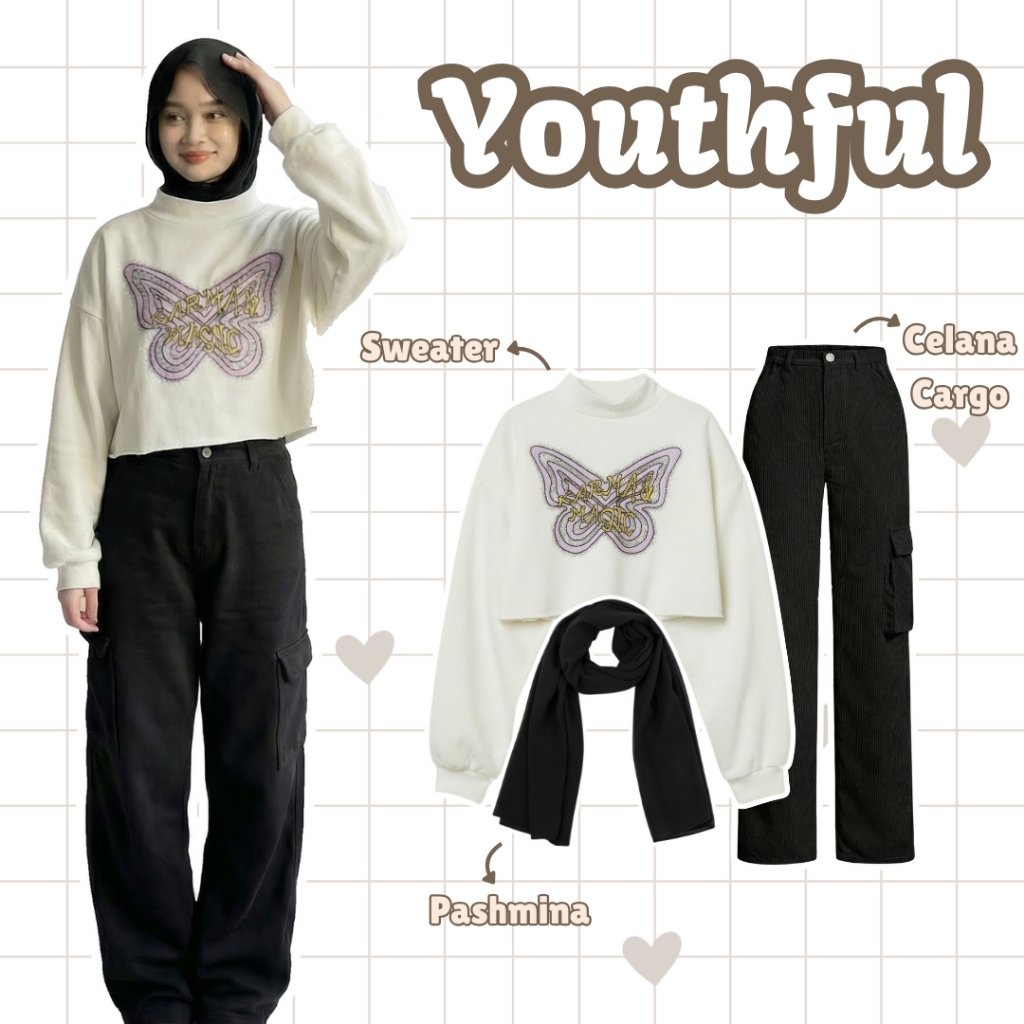 One Set Daily Wanita | Sweater, Celana Cargo, Hijab | OOTD Wanita, Outfit Hijab Casual, Baju Cewek