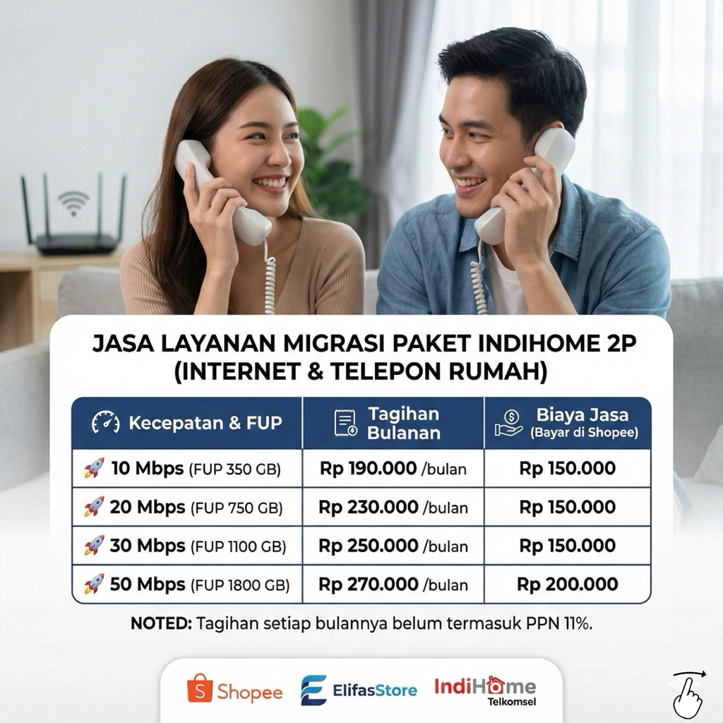 Jasa Layanan Rubah Paket / Migrasi Paket IndiHome 2P Internet + Telpon Speed 10 - 50 Mbps Upgrade & 
