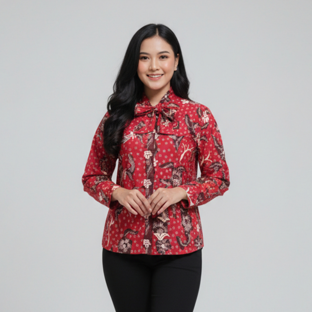 Falasifa - Atasan Batik Modern Wanita - Blouse Pita Mix Etnik Modern - Wastra Black Red - Batik Mode