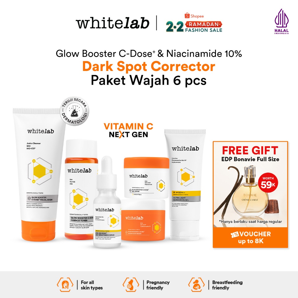Whitelab 6 pcs Glow Booster C-Dose+ Brightening Paket Wajah - Facial Wash, Toner, Serum, Moisturizer