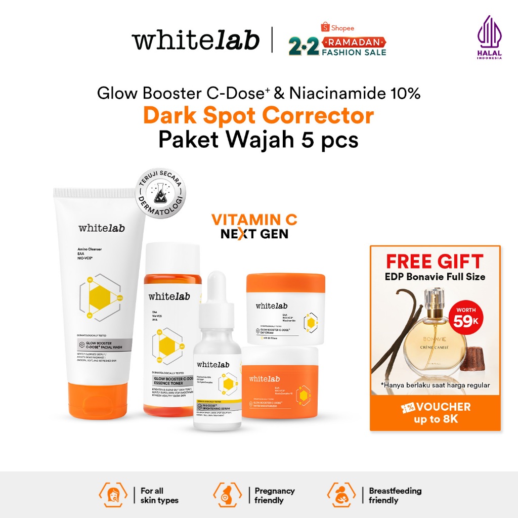 Whitelab 5 pcs Glow Booster C-Dose+ Brightening Paket Wajah - Facial Wash, Toner, Serum, with Day Cr