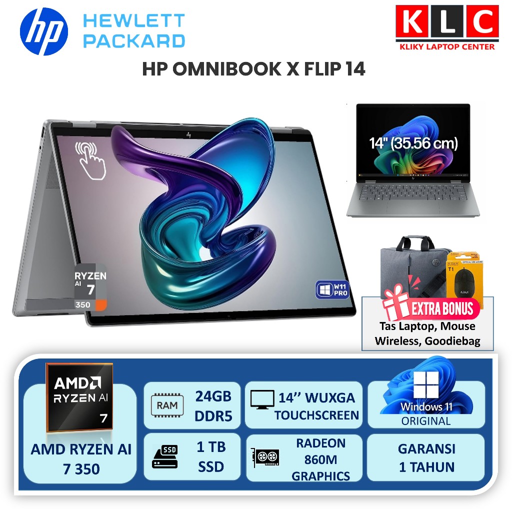 Laptop HP OmniBook X Flip 14 Ryzen AI 7 350 24GB 1TB 14 Inci IPS Touchscreen
