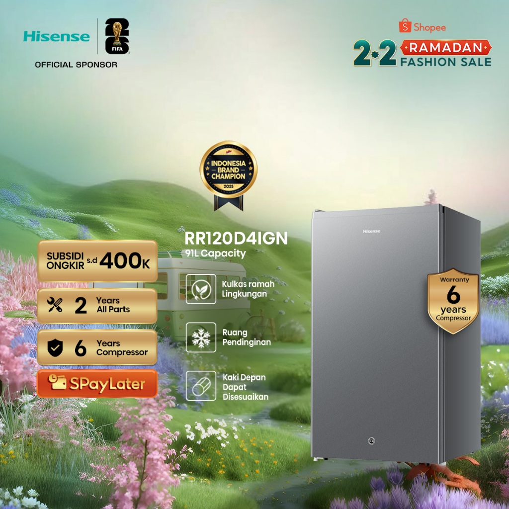 Hisense Kulkas RR120D4IGN Refrigerator Mini Bar Kapasitas 91L 1 Pintu Warna Black 2L Rak Muat Ukuran