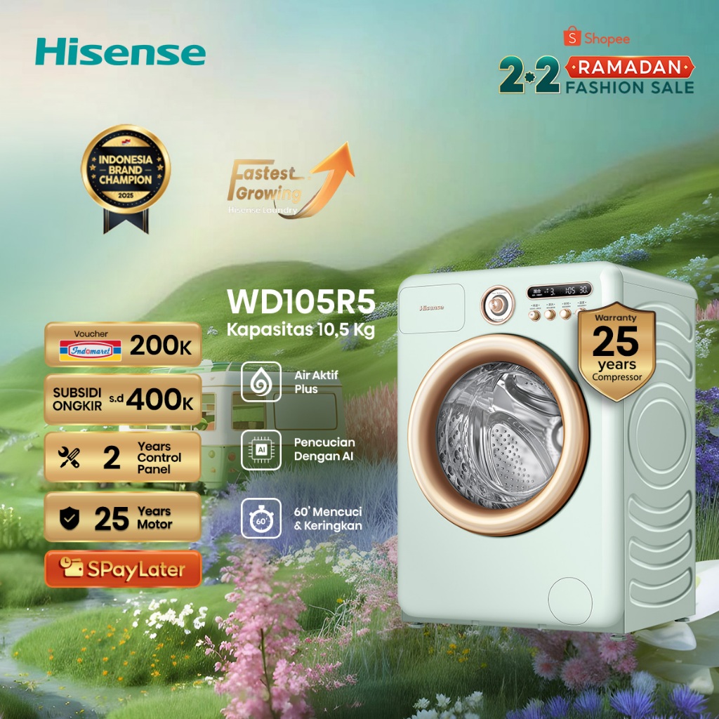 Hisense Mesin Cuci WD105R5 Front Loading Kapasitas 10.5KG 1 Tabung Bukaan Depan Active Water Plus (B
