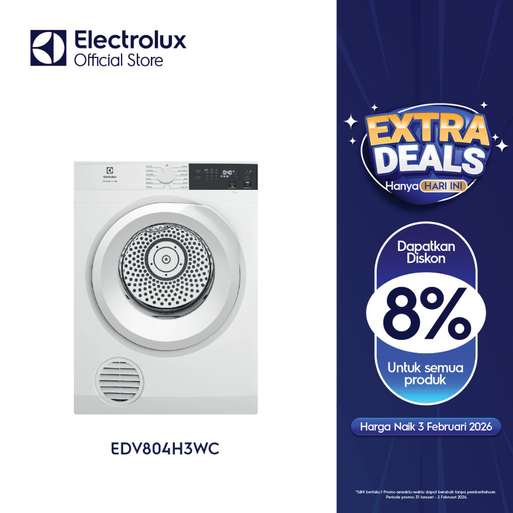 Pengering Pakaian Electrolux EDV804H3WC - Kapasitas 8kg