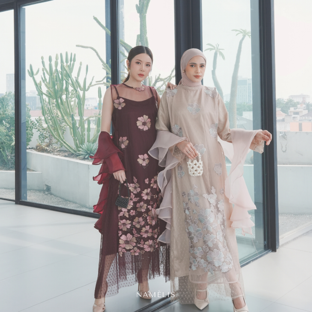 NAMELIS Hermione Dress | Dress Gamis Mewah Floral Payet Hijab Non Hijab untuk Outfit Pesta Kondangan