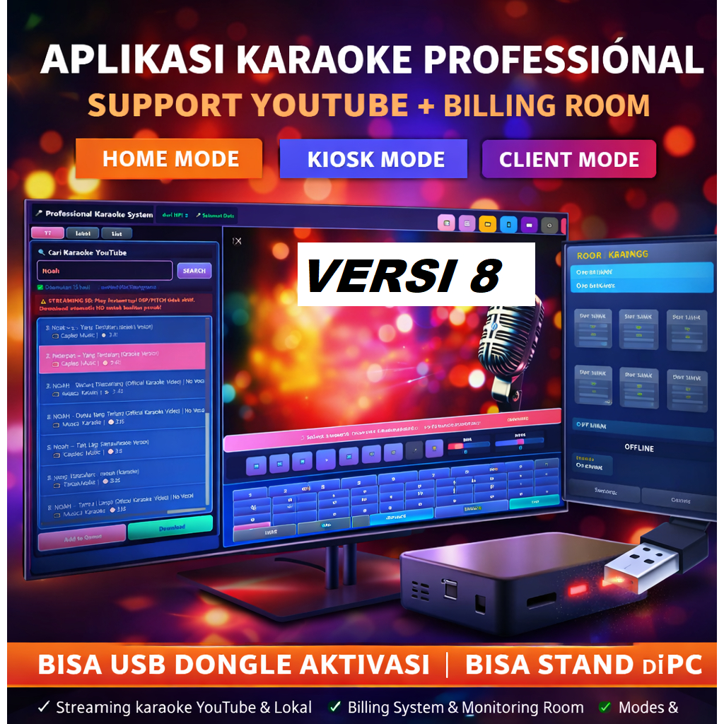Aplikasi Karaoke Professional Support YouTube + Billing Room + Mode Home Kiosk Client + USB Dongle A
